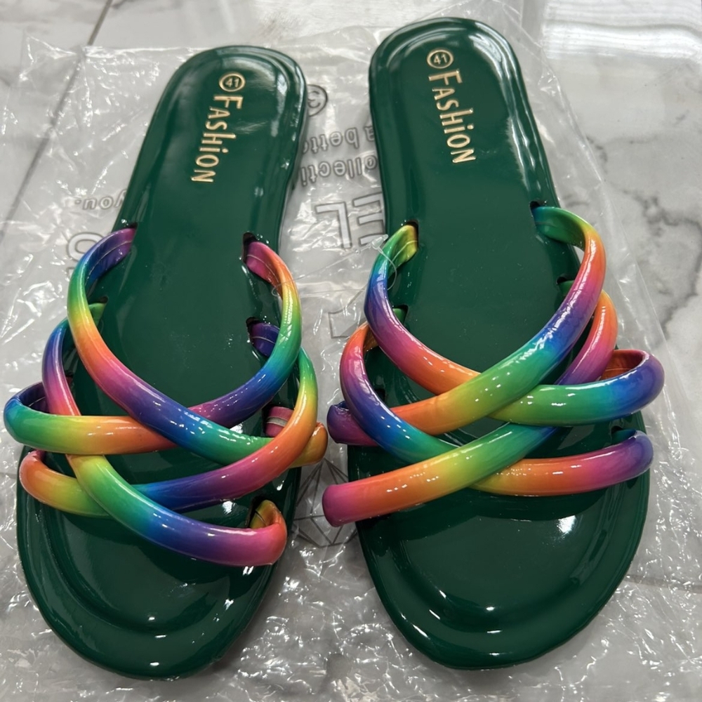 Fashion Green Slide Sandals with Rainbow Crisscross Straps